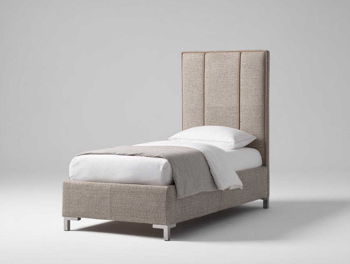 Letto singolo - Tessuto-Metallo - 215 x 105 x 135 cm - Beige-Argento - Design contemporaneo con testiera alta a pannelli verticali