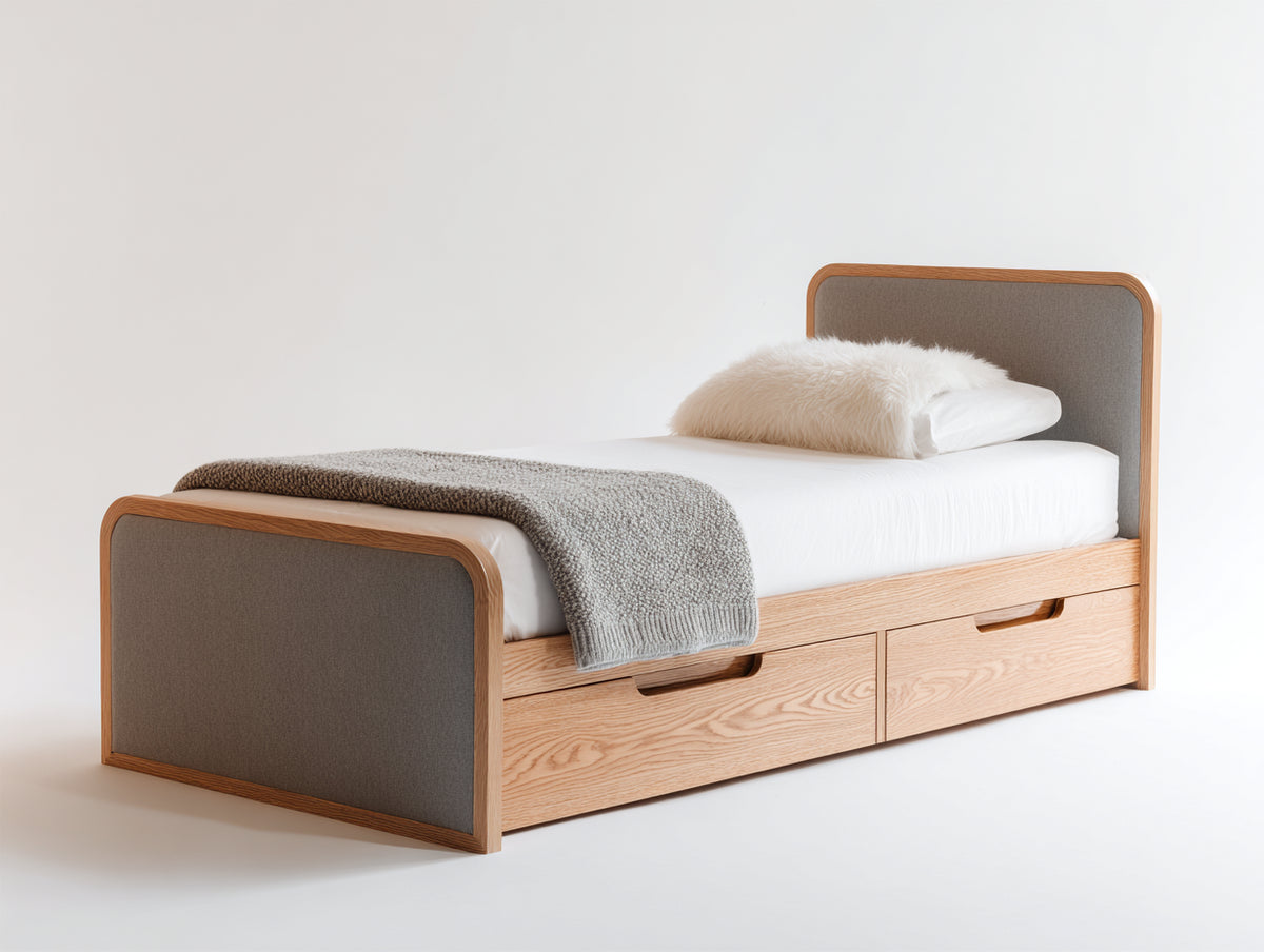 Letto singolo - Legno-Tessuto - 215 x 105 x 105 cm - Rovere chiaro-Tortora - Design moderno con contenitore integrato