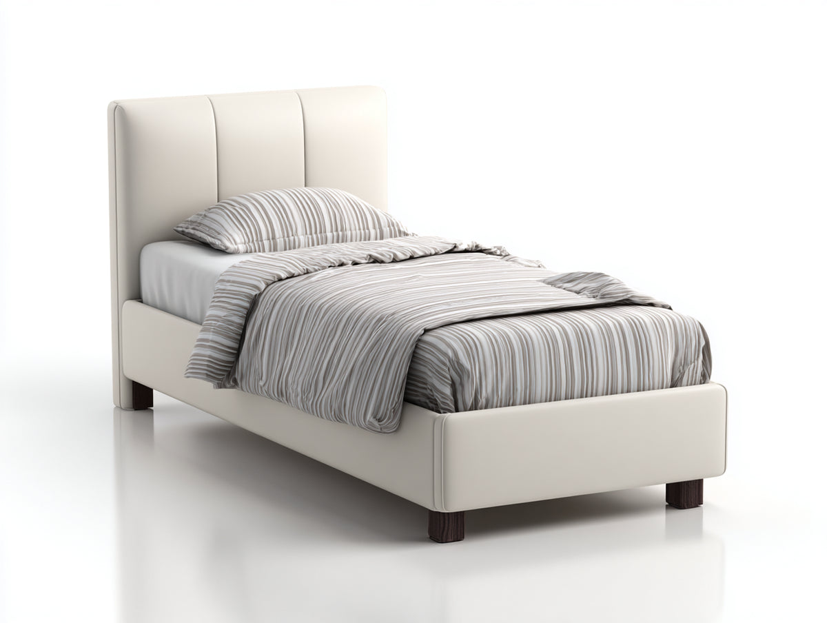 Letto singolo - Similpelle-Legno - 215 x 105 x 120 cm - Crema - Design moderno con testiera a pannelli