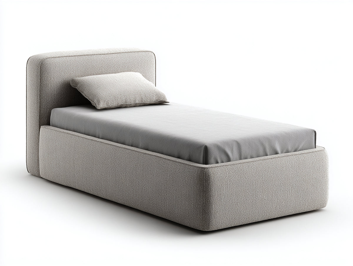 Letto singolo - Tessuto imbottito - 215 x 110 x 100 cm - Beige grigiastro - Design moderno con profili arrotondati