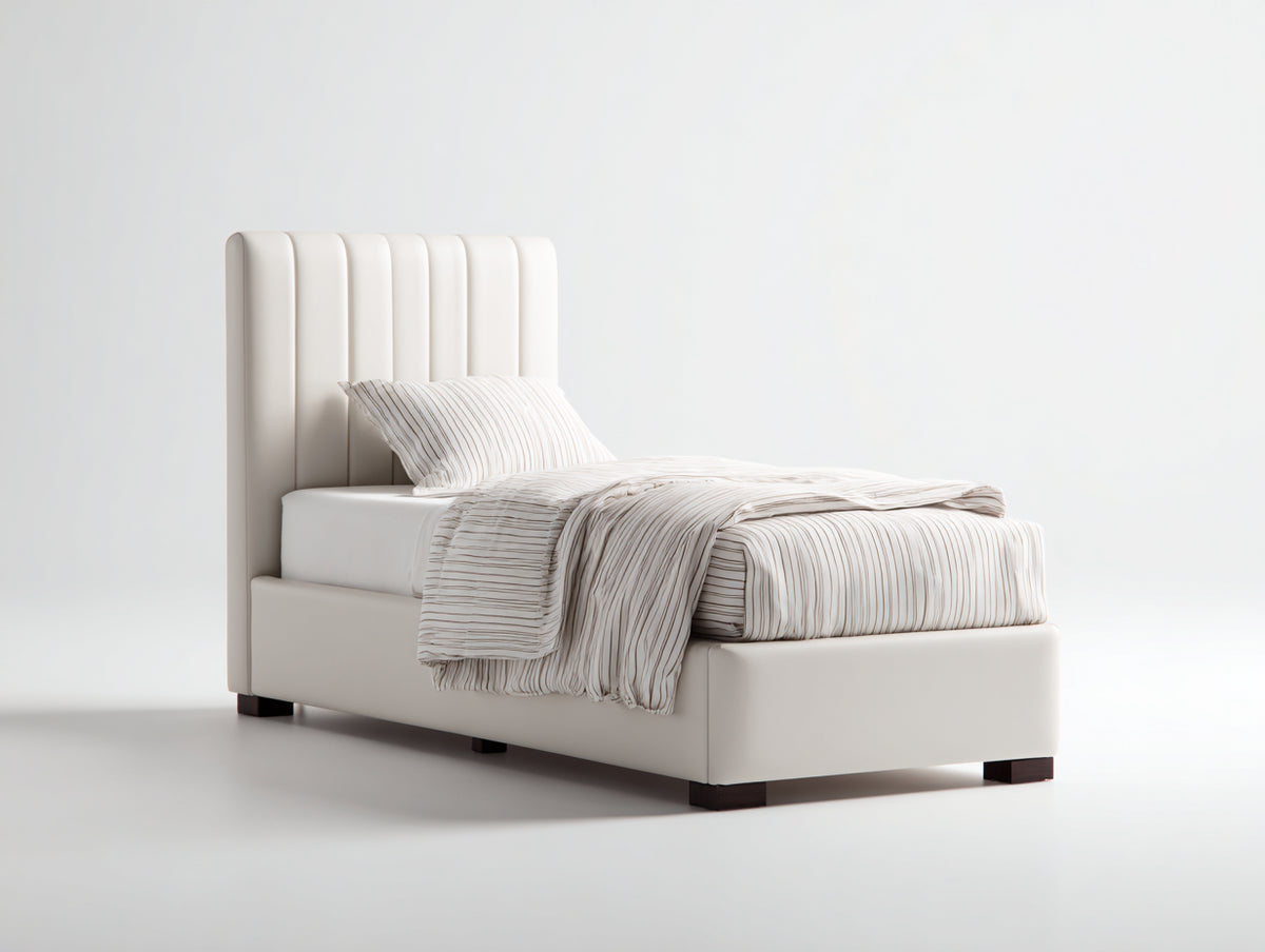 Letto singolo - Similpelle-Legno - 215 x 105 x 130 cm - Crema - Design moderno con testiera a pannelli verticali