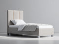 Letto singolo - Tessuto-Metallo - 215 x 105 x 125 cm - Beige chiaro-Argento - Design moderno con testiera a pannelli verticali