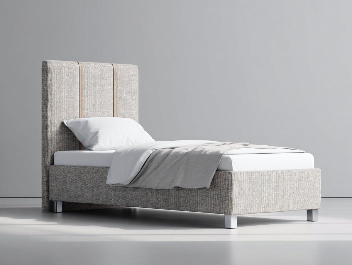 Letto singolo - Tessuto-Metallo - 215 x 105 x 125 cm - Beige chiaro-Argento - Design moderno con testiera a pannelli verticali